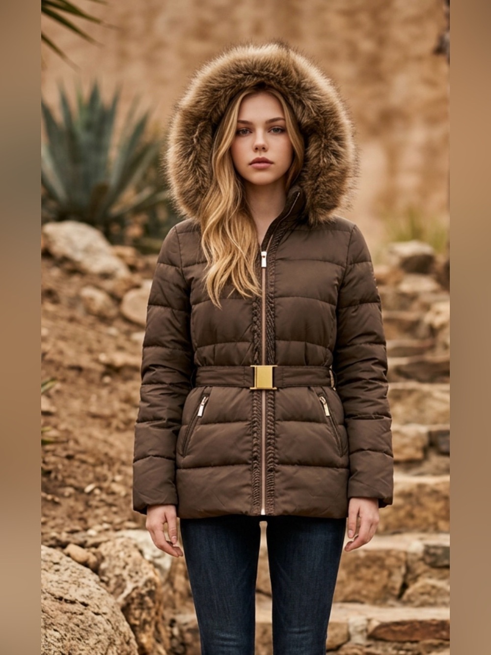 Joe Fresh Brown Quilted Hooded Puffer Jacket with Belt
